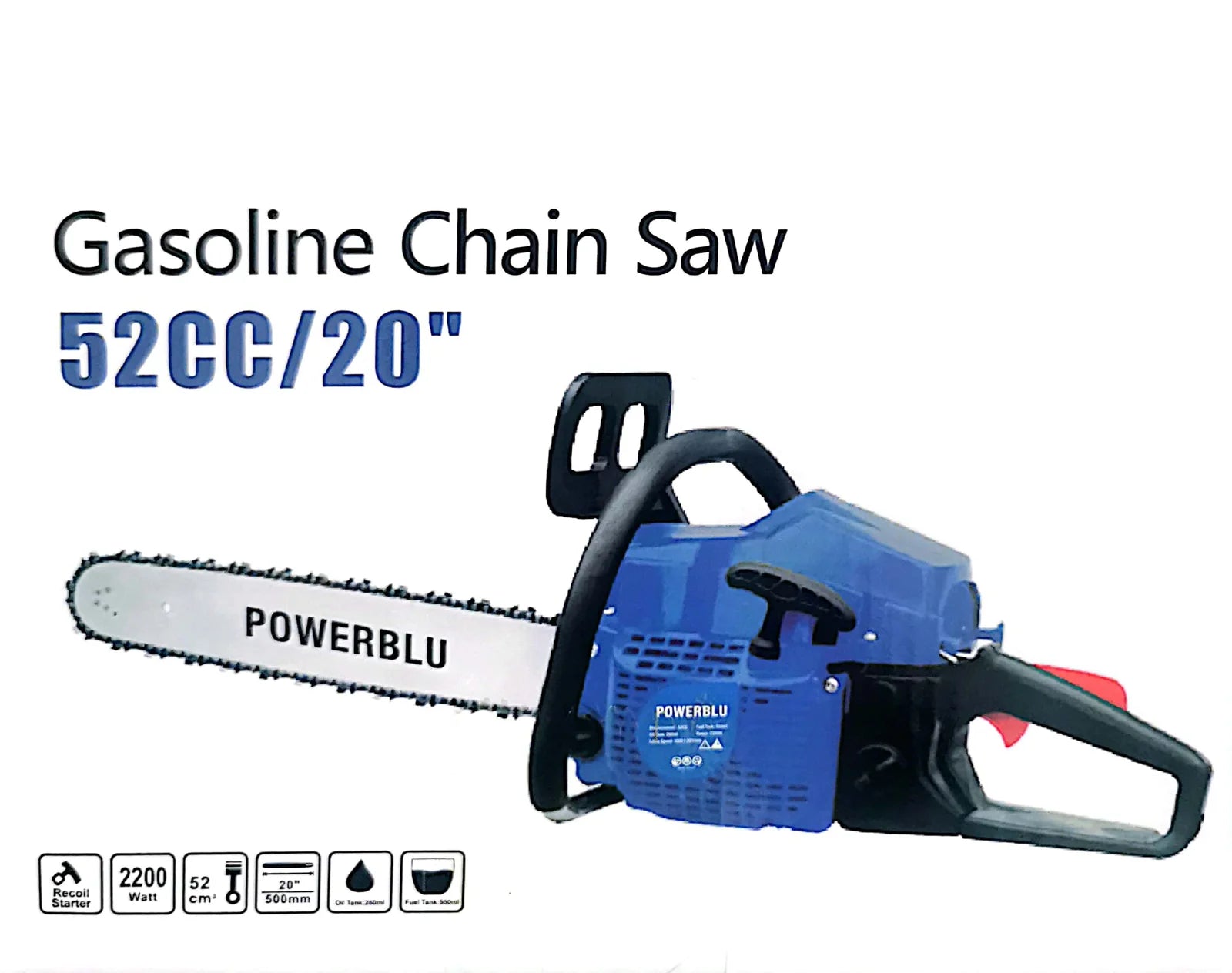 Tronçonneuse A bois – Scie A Chaîne 2200W 20″ 52cc POWERBLU Tronçonneuse A bois – Scie A Chaîne 2200W 20″ 52cc POWERBLU