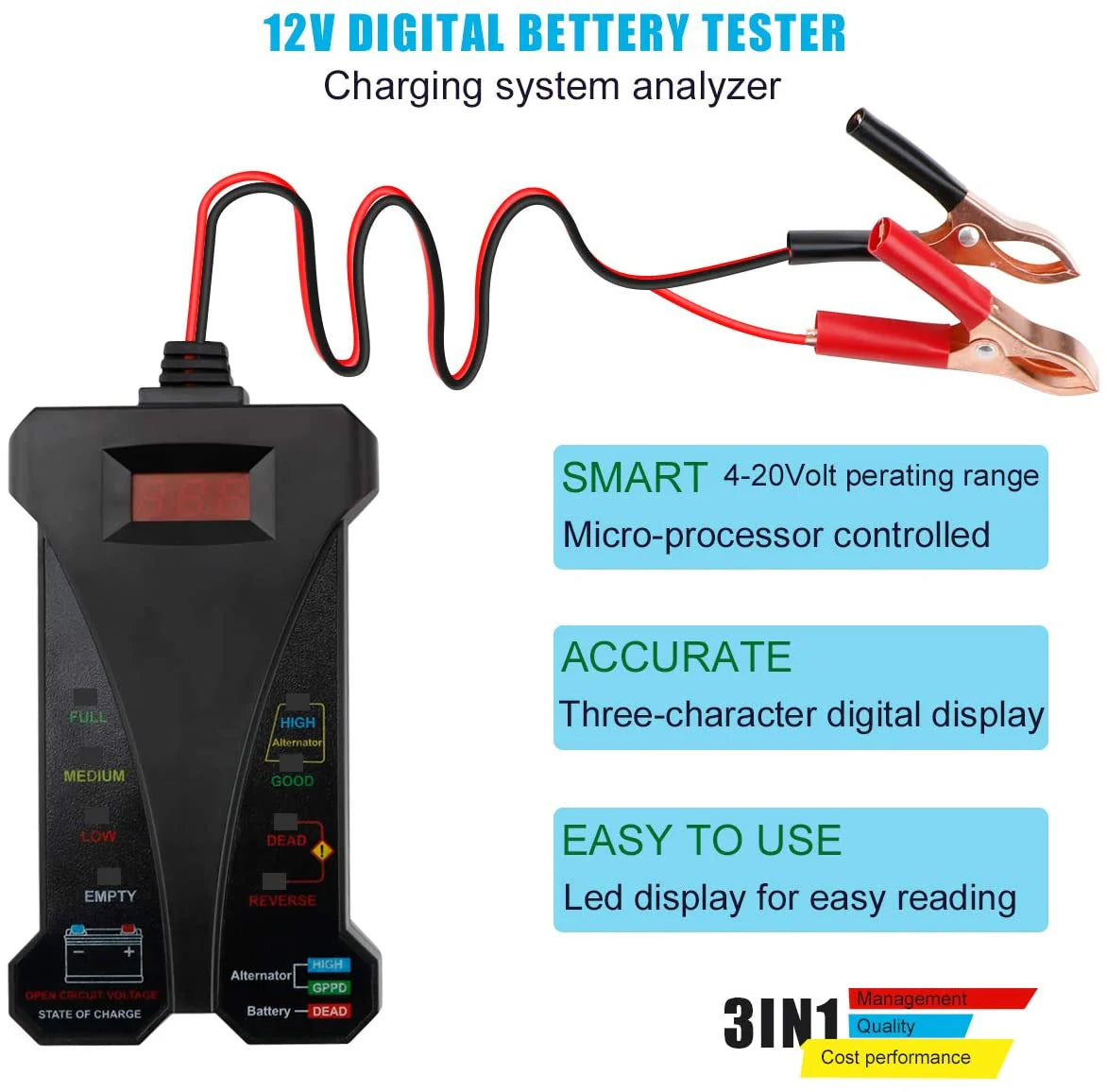Testeur de batterie numérique 12 V, voltmètre, analyseur de système de charge d'alternateur avec écran LCD Testeur de batterie numérique 12 V, voltmètre, analyseur de système de charge d'alternateur avec écran LCD