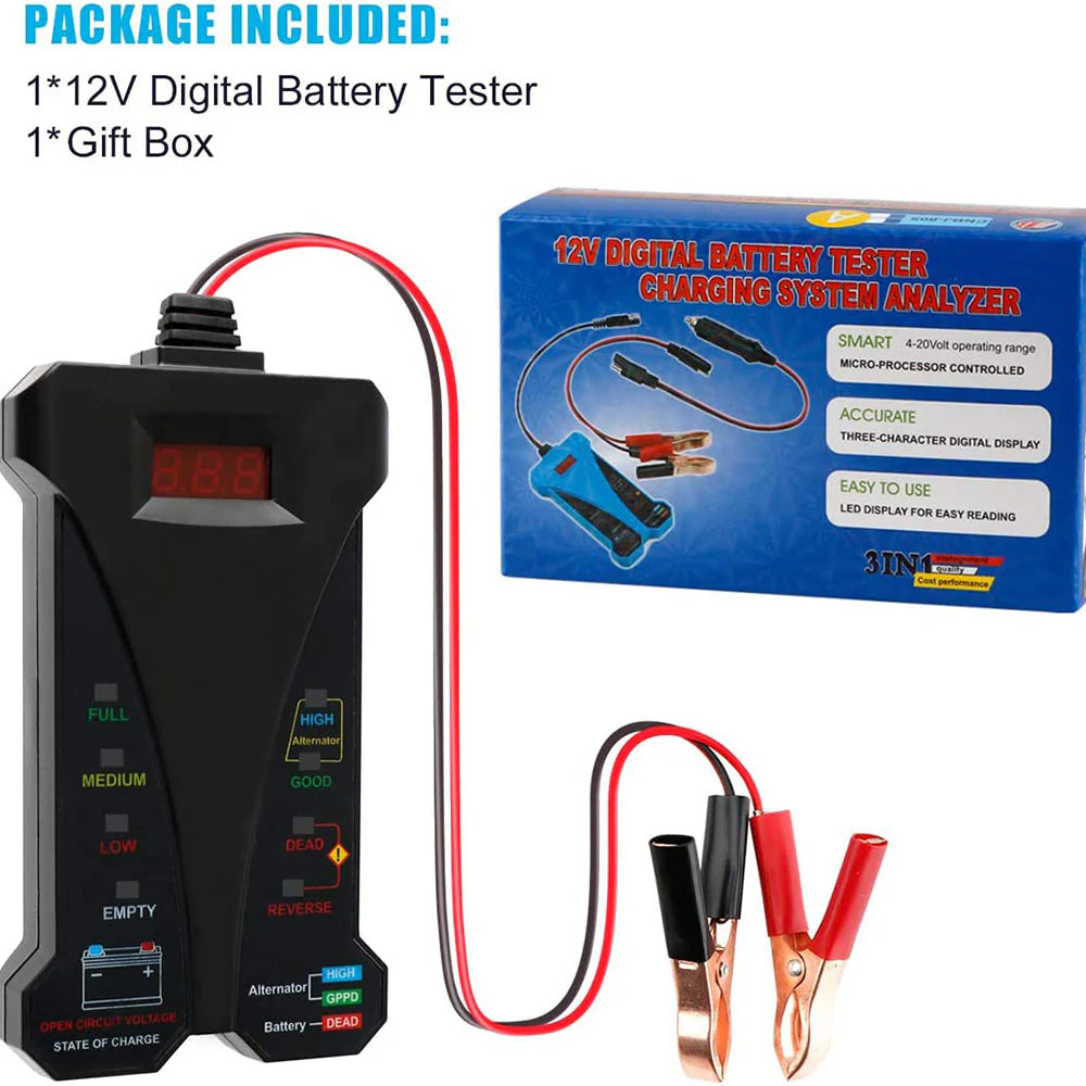 Testeur de batterie numérique 12 V, voltmètre, analyseur de système de charge d'alternateur avec écran LCD Testeur de batterie numérique 12 V, voltmètre, analyseur de système de charge d'alternateur avec écran LCD