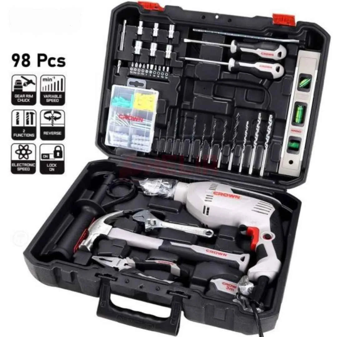 KIT CAISSE OUTILS 98pcs AVEC Perceuse 600W CROWN | CT10128 KIT CAISSE OUTILS 98pcs AVEC Perceuse 600W CROWN | CT10128