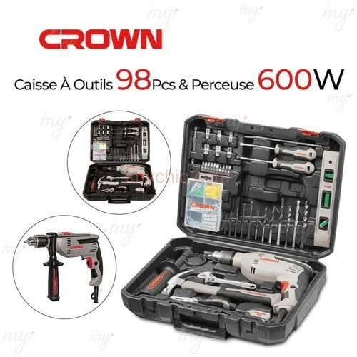 Crown Kit d'Outils 98 pièces avec perceuse à percussion 600W dans mallette noire compacte